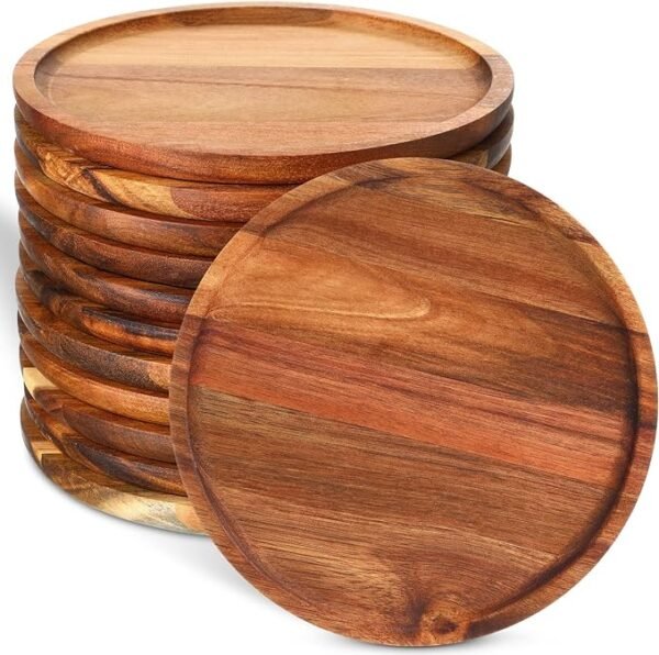 12 Pcs Round Dinner Plates Wood Tray