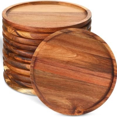 12 Pcs Round Dinner Plates Wood Tray