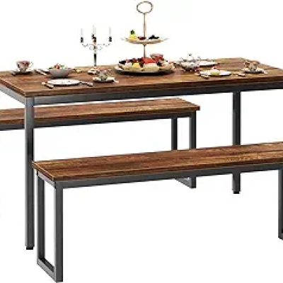 Kitchen Table Set with 2 Benches, Industrial Style Wooden